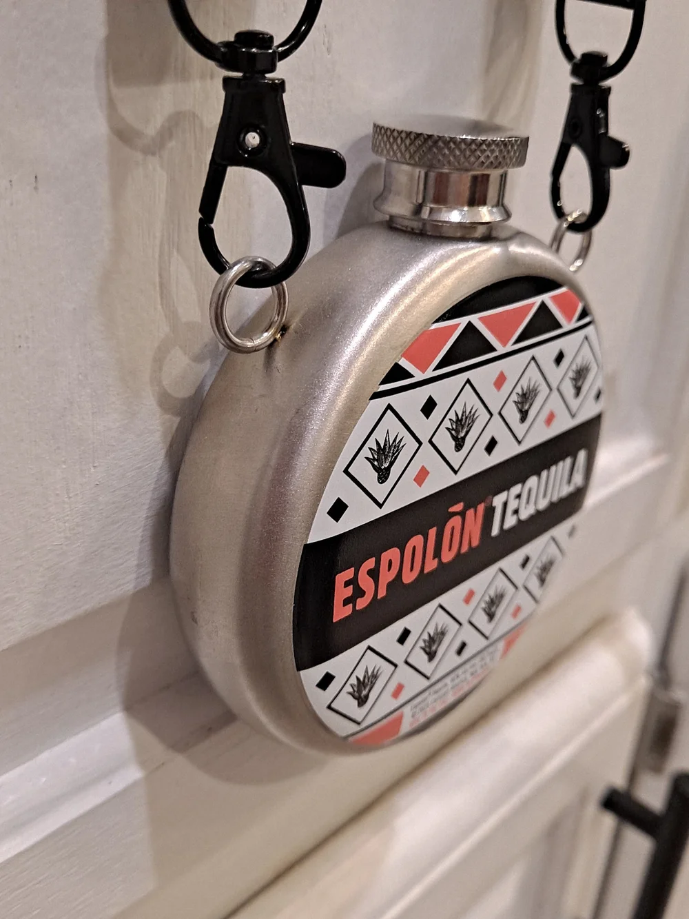 Espolon Stainless Steel Silver Hip Flask Black White & Coral Artwork Festival